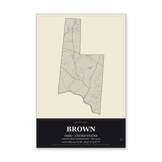 Brown County, Ohio Map Aluminum Sign in Museum Plaque style