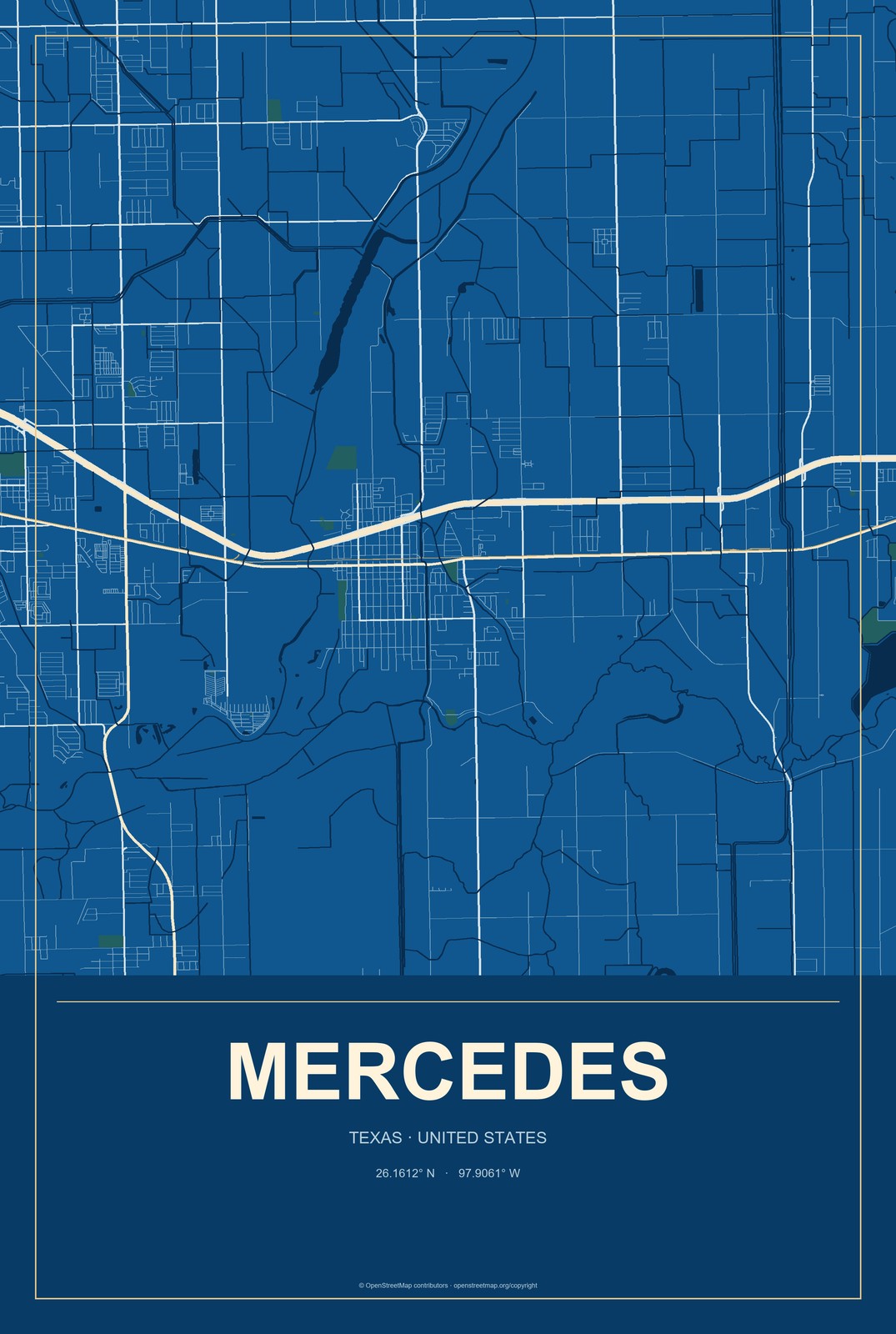 Mercedes, Texas City Map Aluminum Sign in Harbor Cobalt style