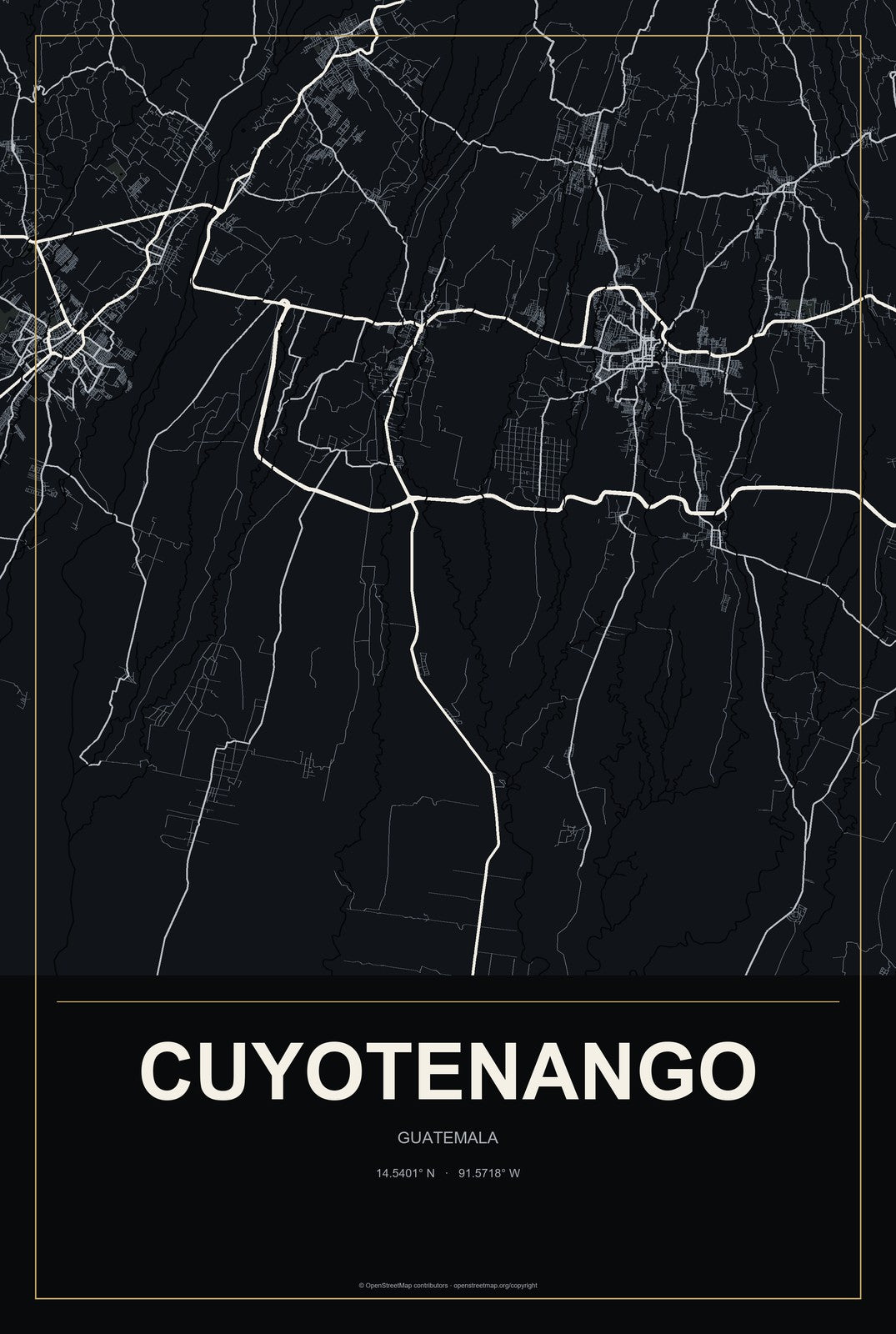 Cuyotenango, Guatemala City Map Aluminum Sign in Metropolitan Noir style