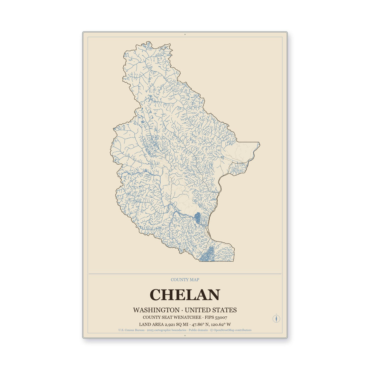 Chelan County, Washington Map Aluminum Sign in Heritage Nautical style