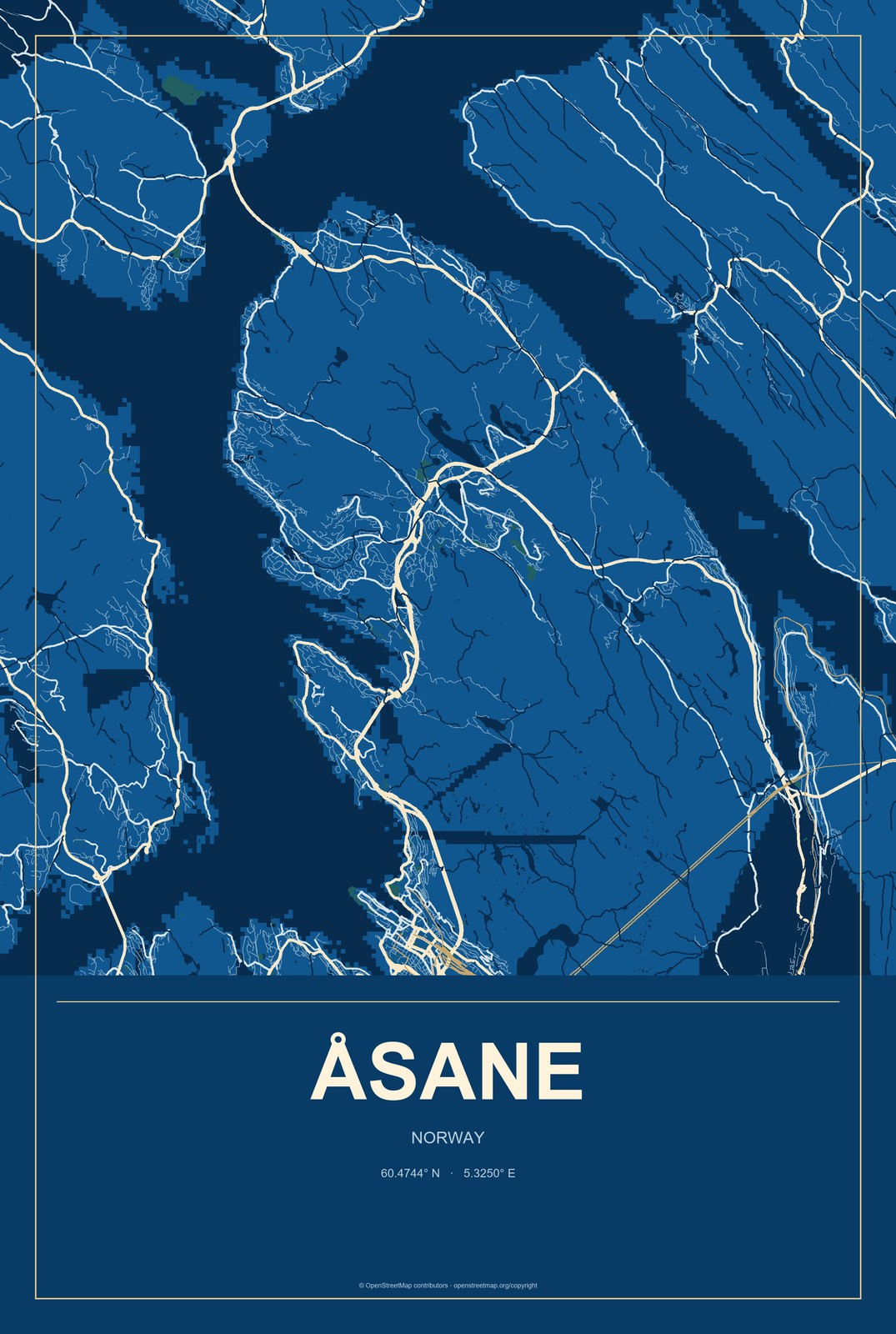 Åsane, Norway City Map Aluminum Sign in Harbor Cobalt style