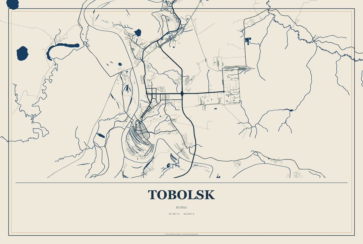 Tobolsk, Russia City Map Aluminum Sign in Coastal Cutout style