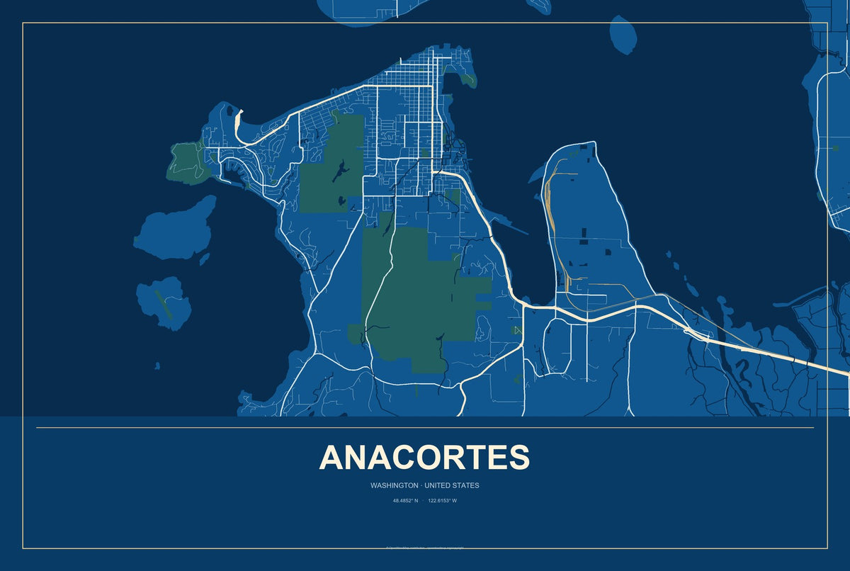 Anacortes, Washington City Map Aluminum Sign in Harbor Cobalt style