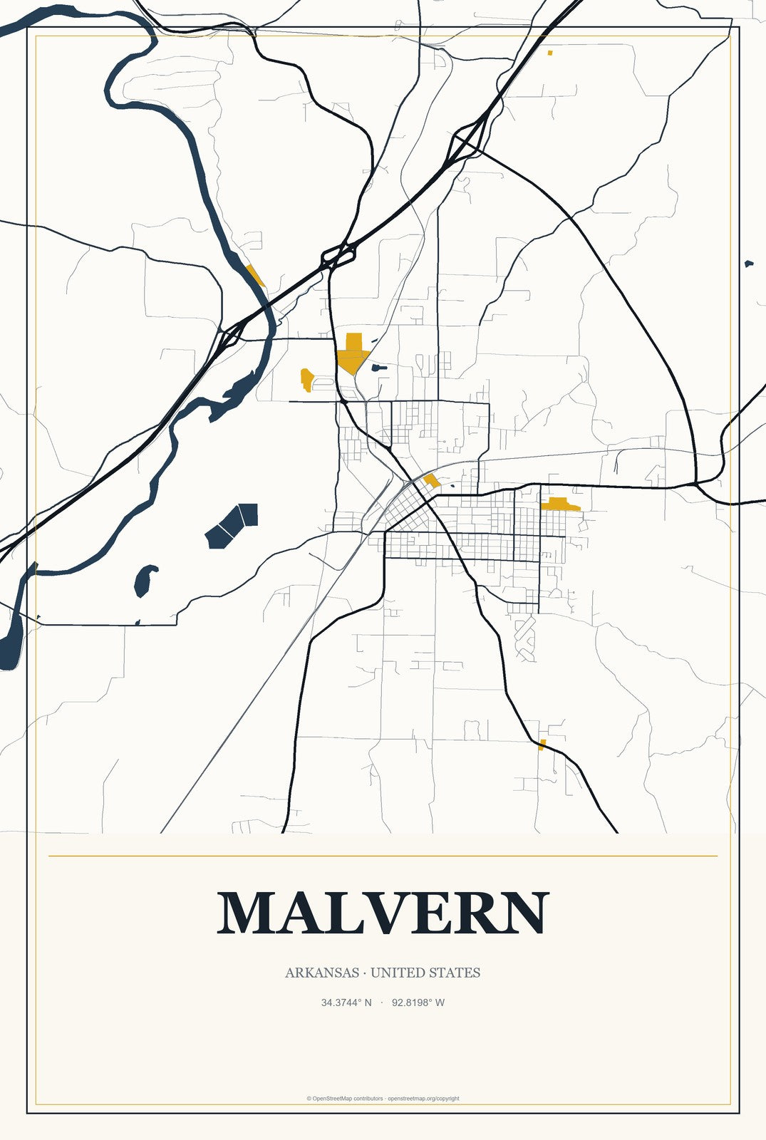 Malvern, Arkansas City Map Aluminum Sign in Citrine Modern style