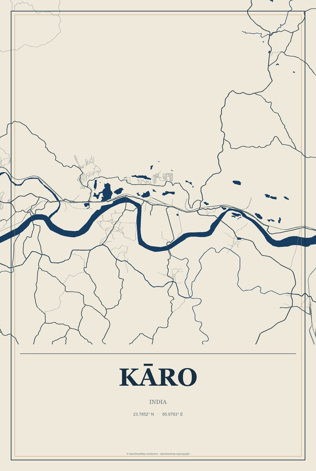 Kāro, India City Map Aluminum Sign in Coastal Cutout style