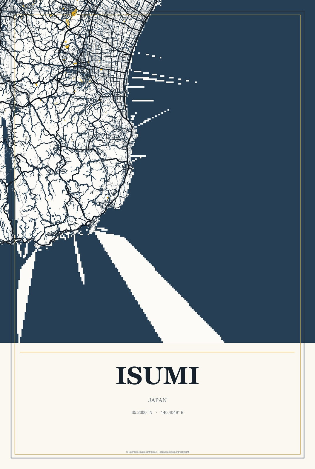 Isumi, Japan City Map Aluminum Sign in Citrine Modern style