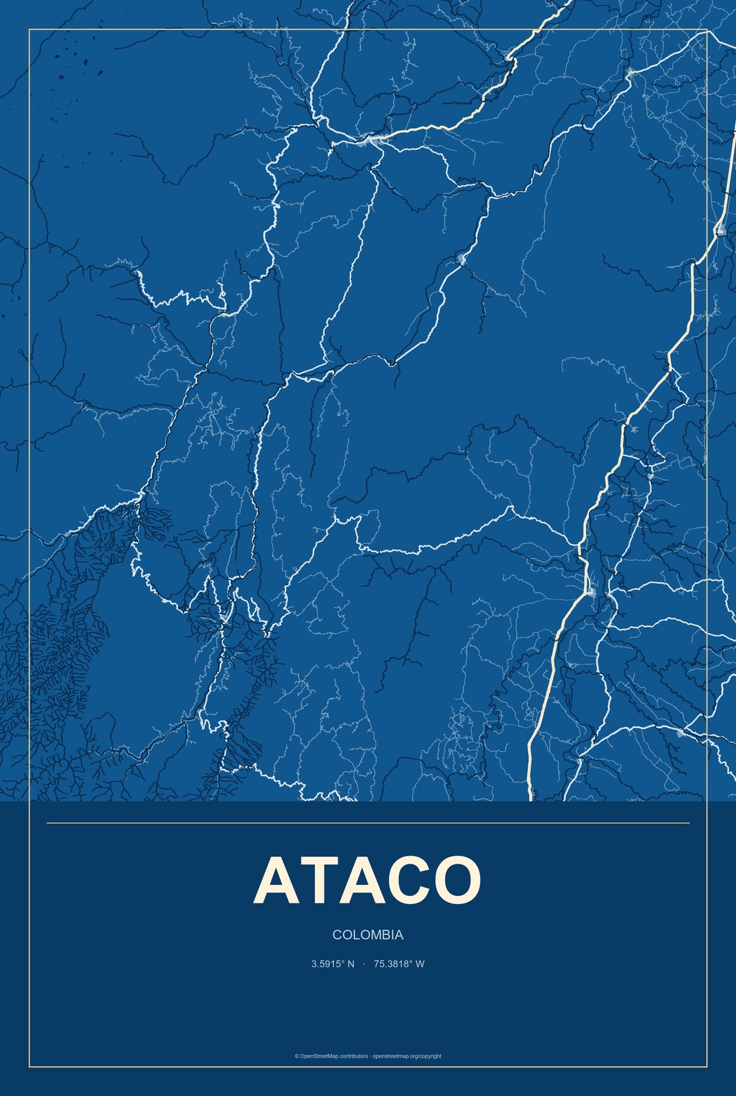 Ataco, Colombia City Map Aluminum Sign in Harbor Cobalt style