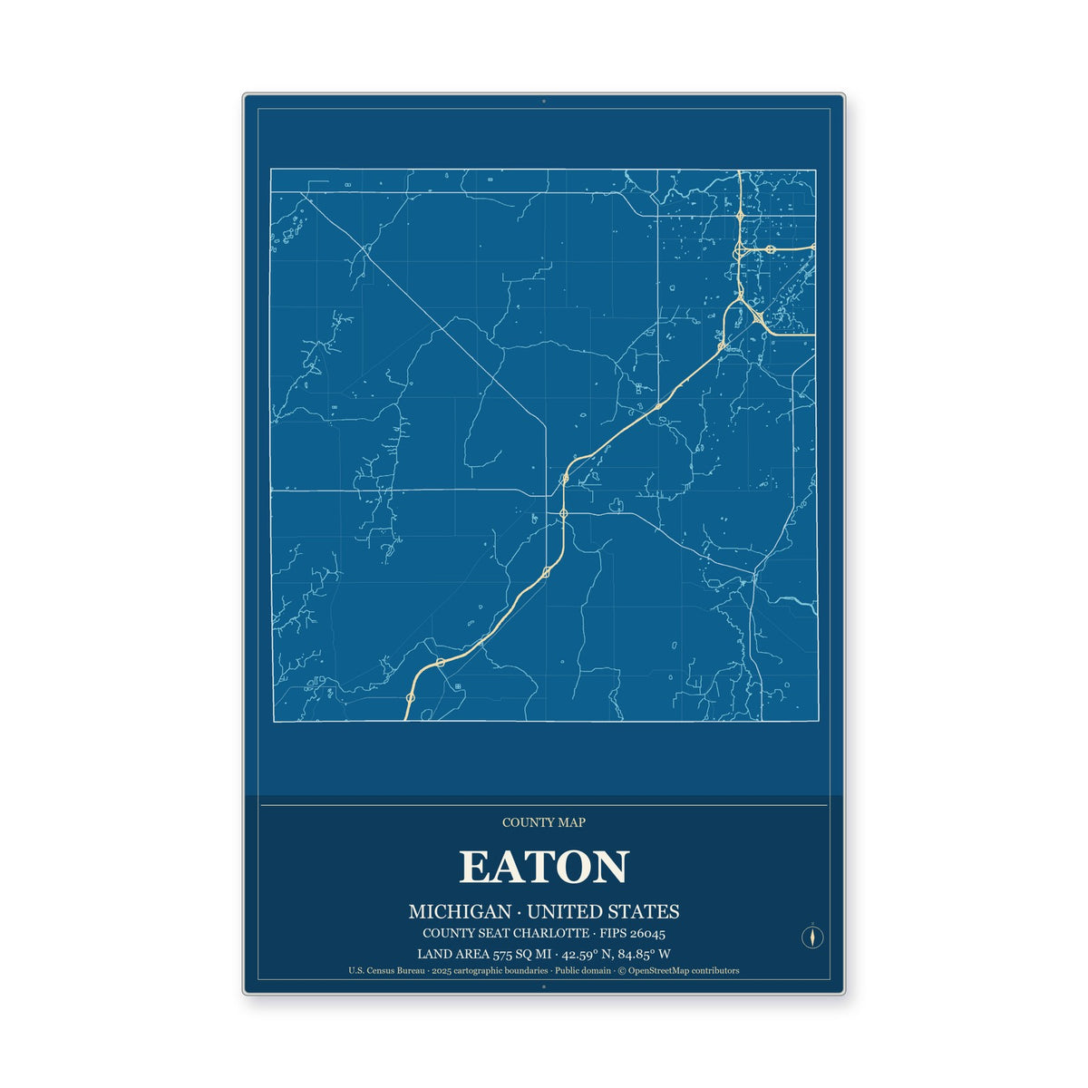 Eaton County, Michigan Map Aluminum Sign in Harbor Cobalt style