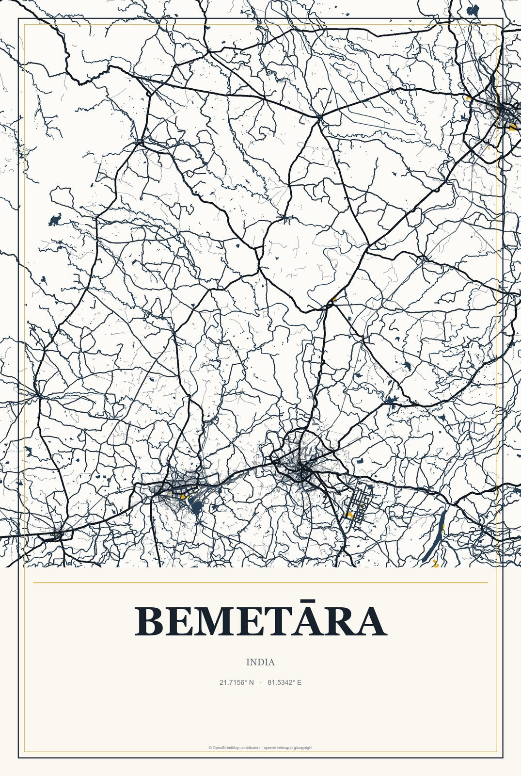 Bemetāra, India City Map Aluminum Sign in Citrine Modern style
