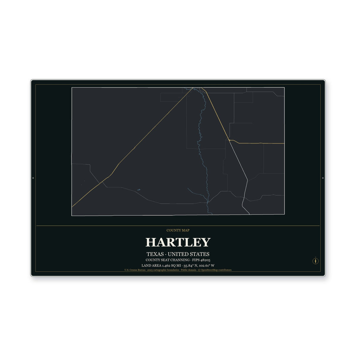 Hartley County, Texas Map Aluminum Sign in Metropolitan Noir style