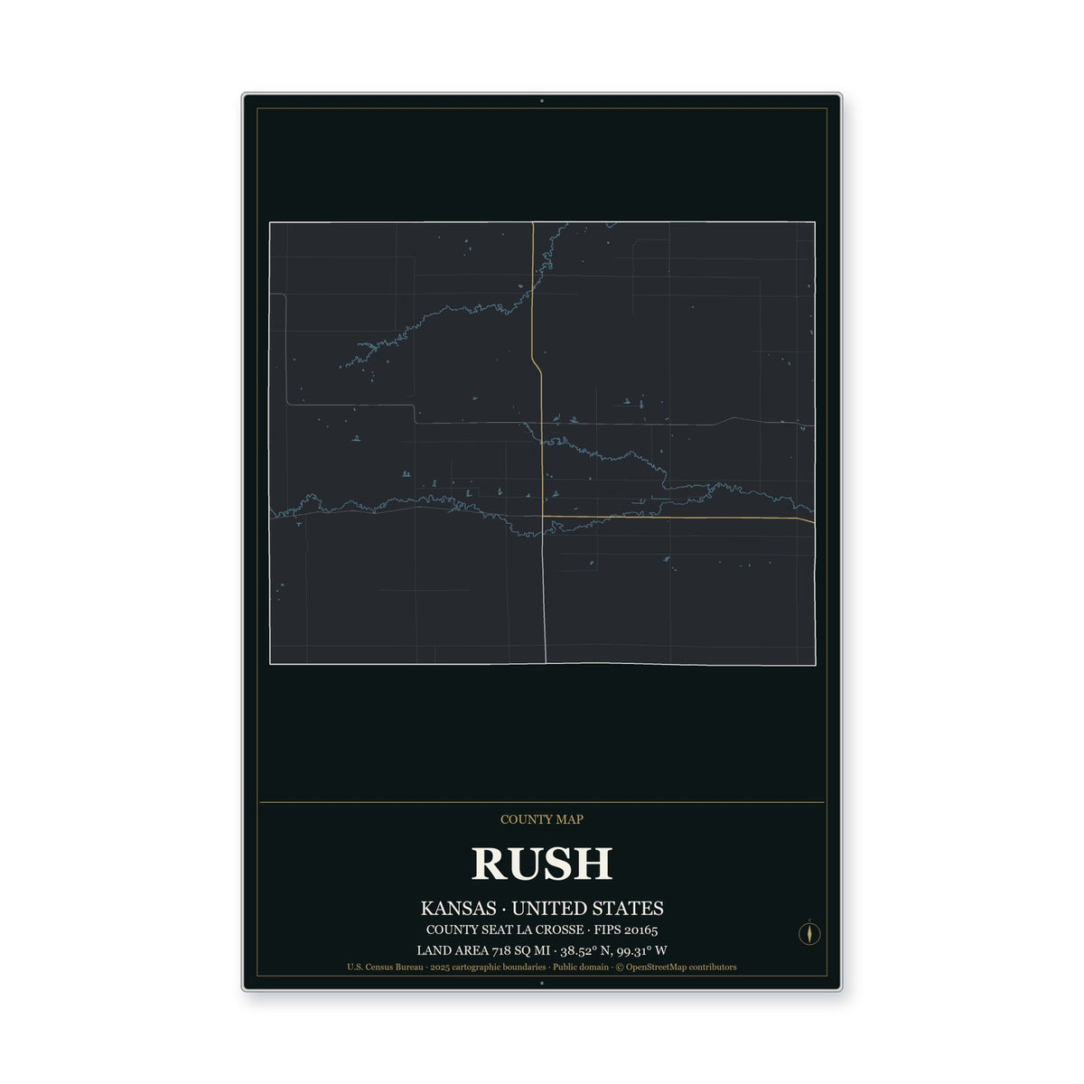 Rush County, Kansas Map Aluminum Sign in Metropolitan Noir style