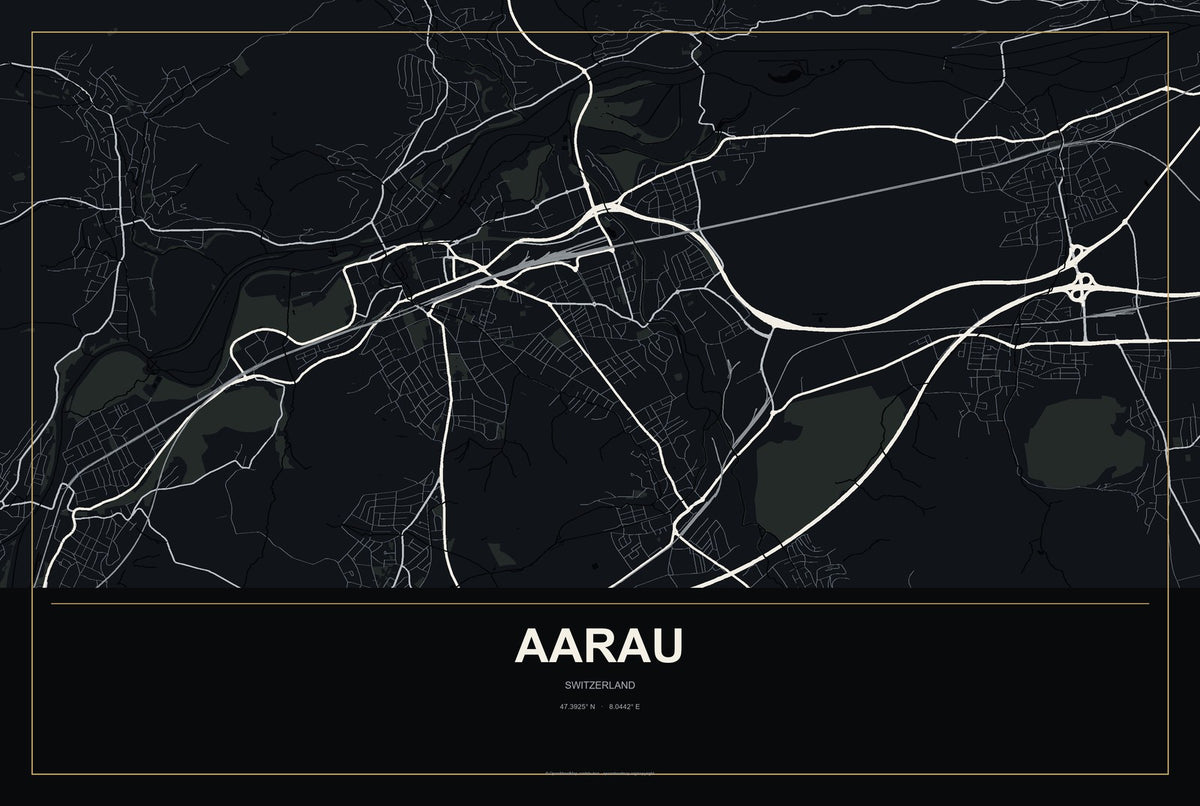 Aarau, Switzerland City Map Aluminum Sign in Metropolitan Noir style