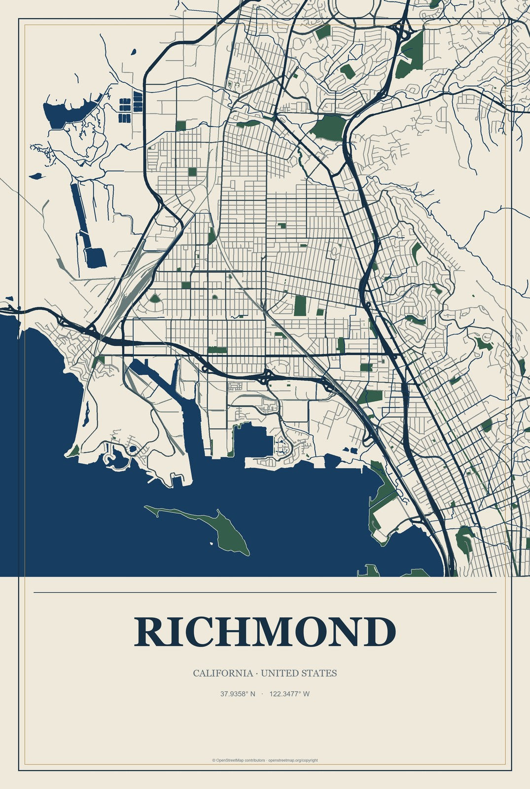 Richmond, California City Map Aluminum Sign in Coastal Cutout style