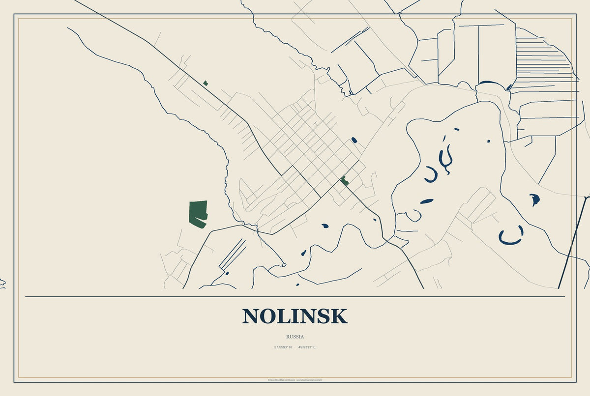 Nolinsk, Russia City Map Aluminum Sign in Coastal Cutout style
