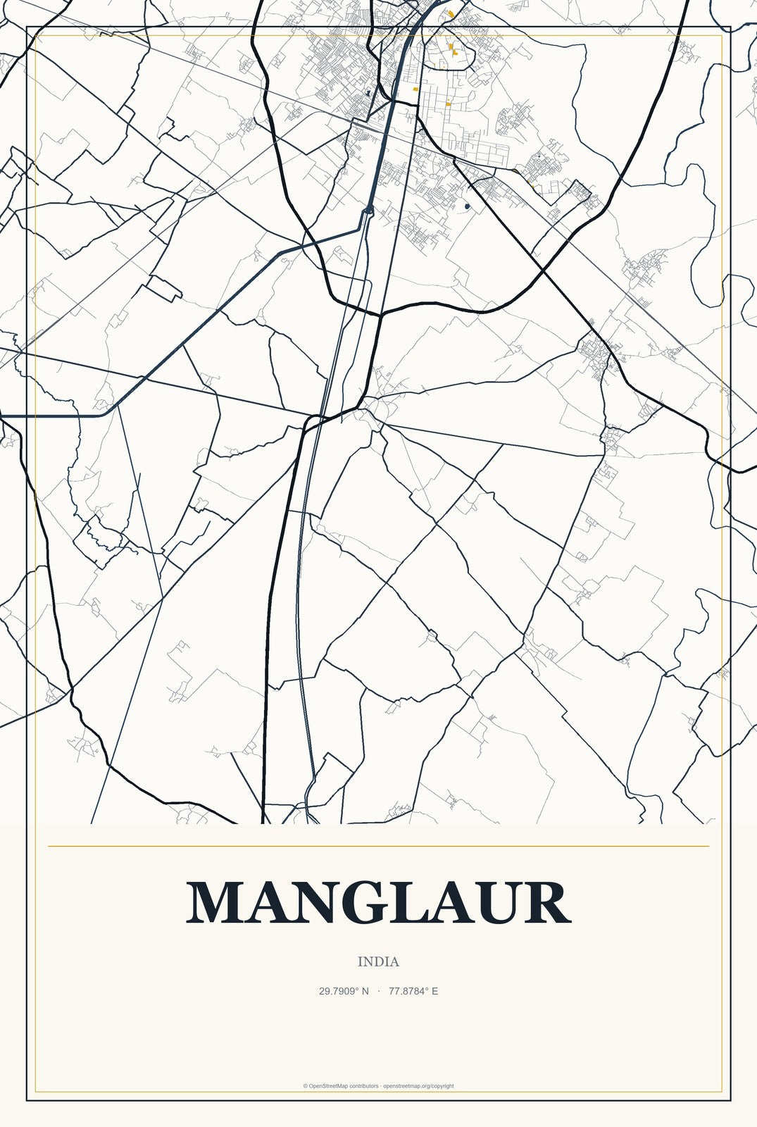 Manglaur, India City Map Aluminum Sign in Citrine Modern style