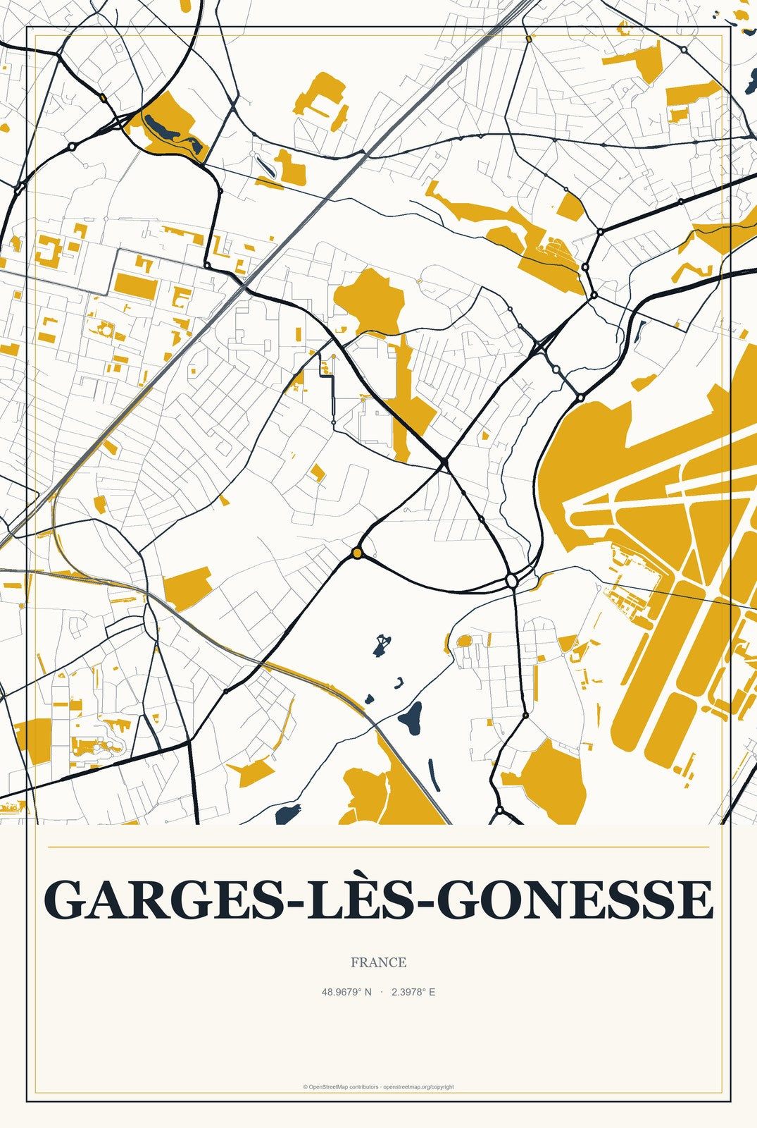 Garges-lès-Gonesse, France City Map Aluminum Sign in Citrine Modern style