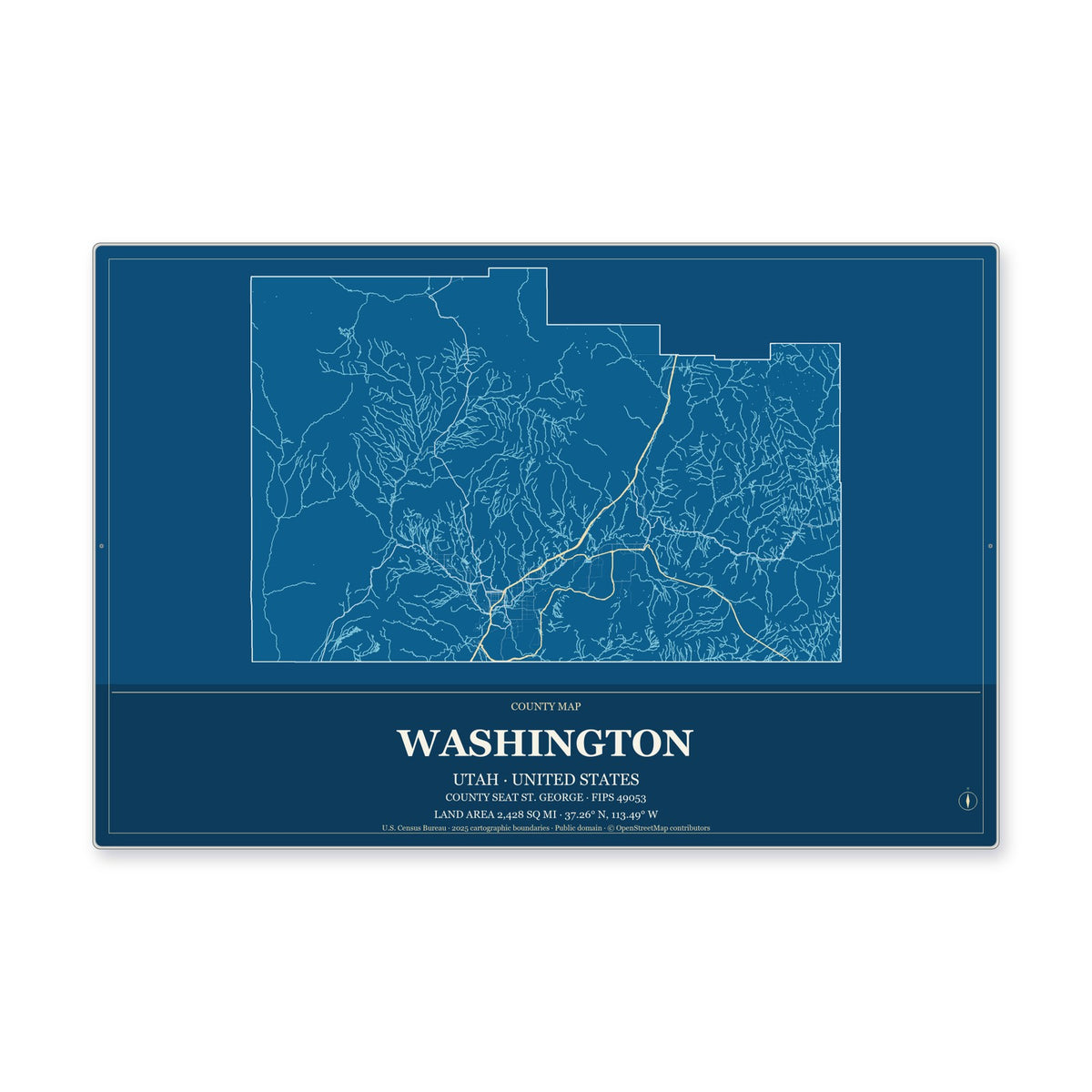 Washington County, Utah Map Aluminum Sign in Harbor Cobalt style