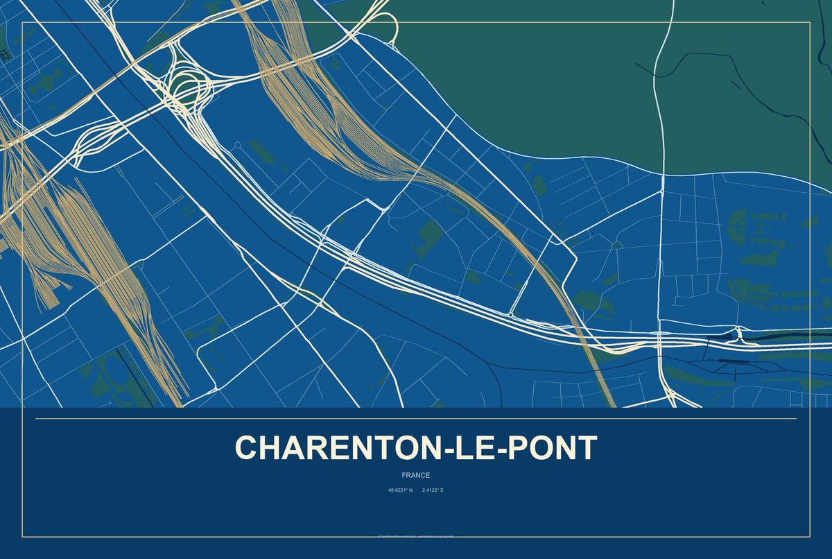 Charenton-le-Pont, France City Map Aluminum Sign in Harbor Cobalt style