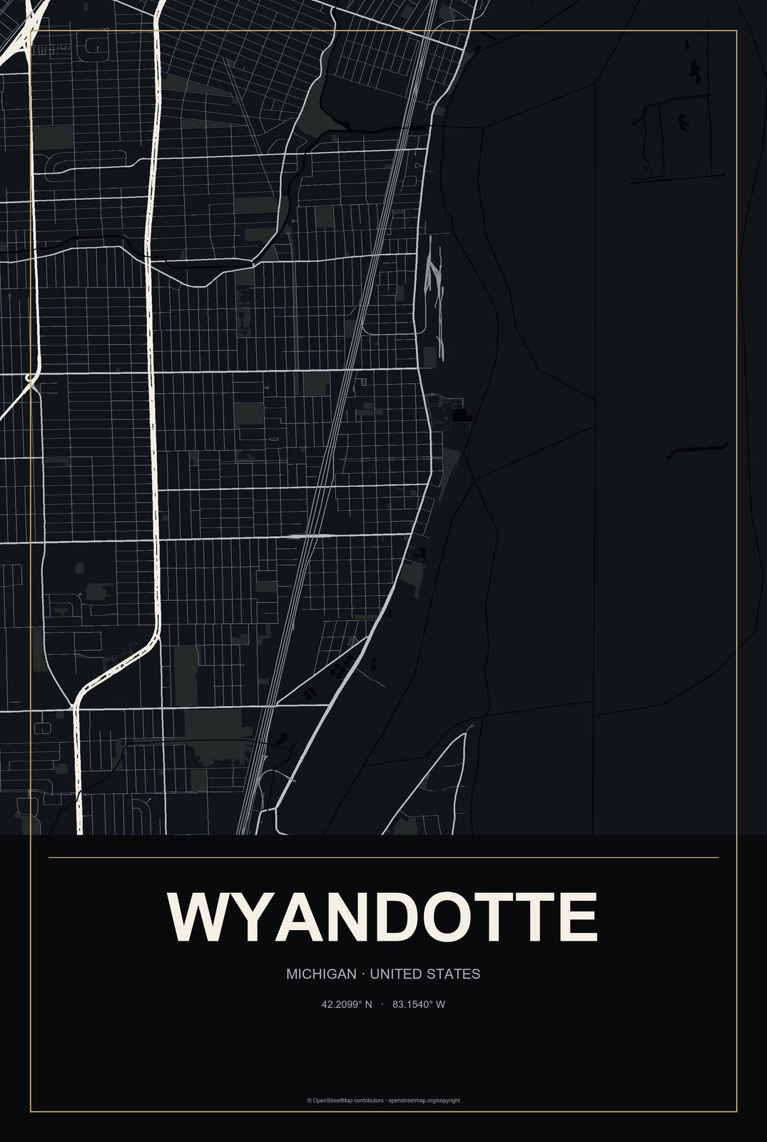 Wyandotte, Michigan City Map Aluminum Sign in Metropolitan Noir style