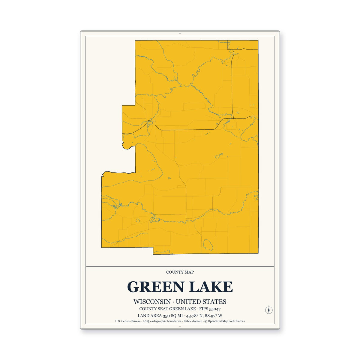 Green Lake County, Wisconsin Map Aluminum Sign in Citrine Modern style