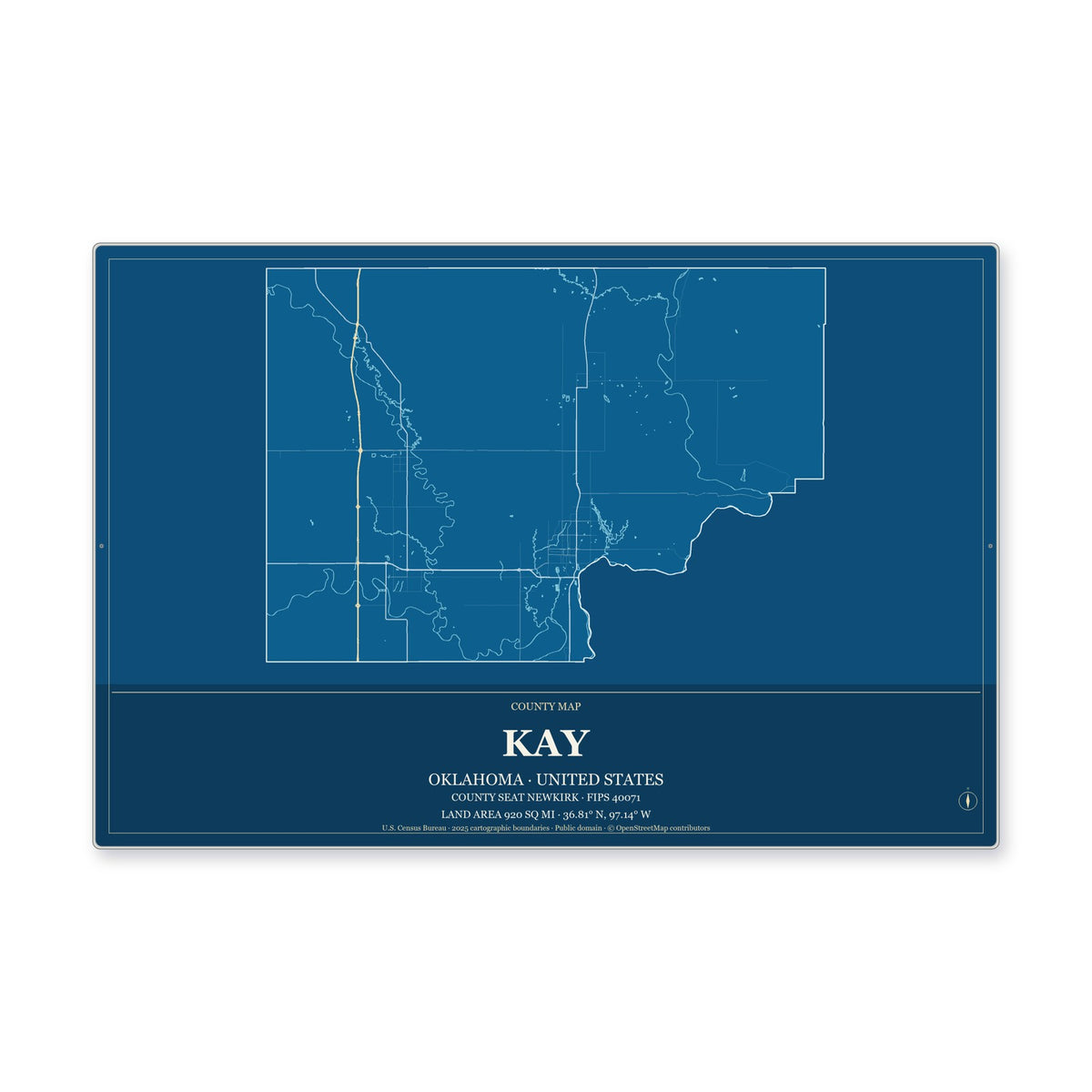 Kay County, Oklahoma Map Aluminum Sign in Harbor Cobalt style
