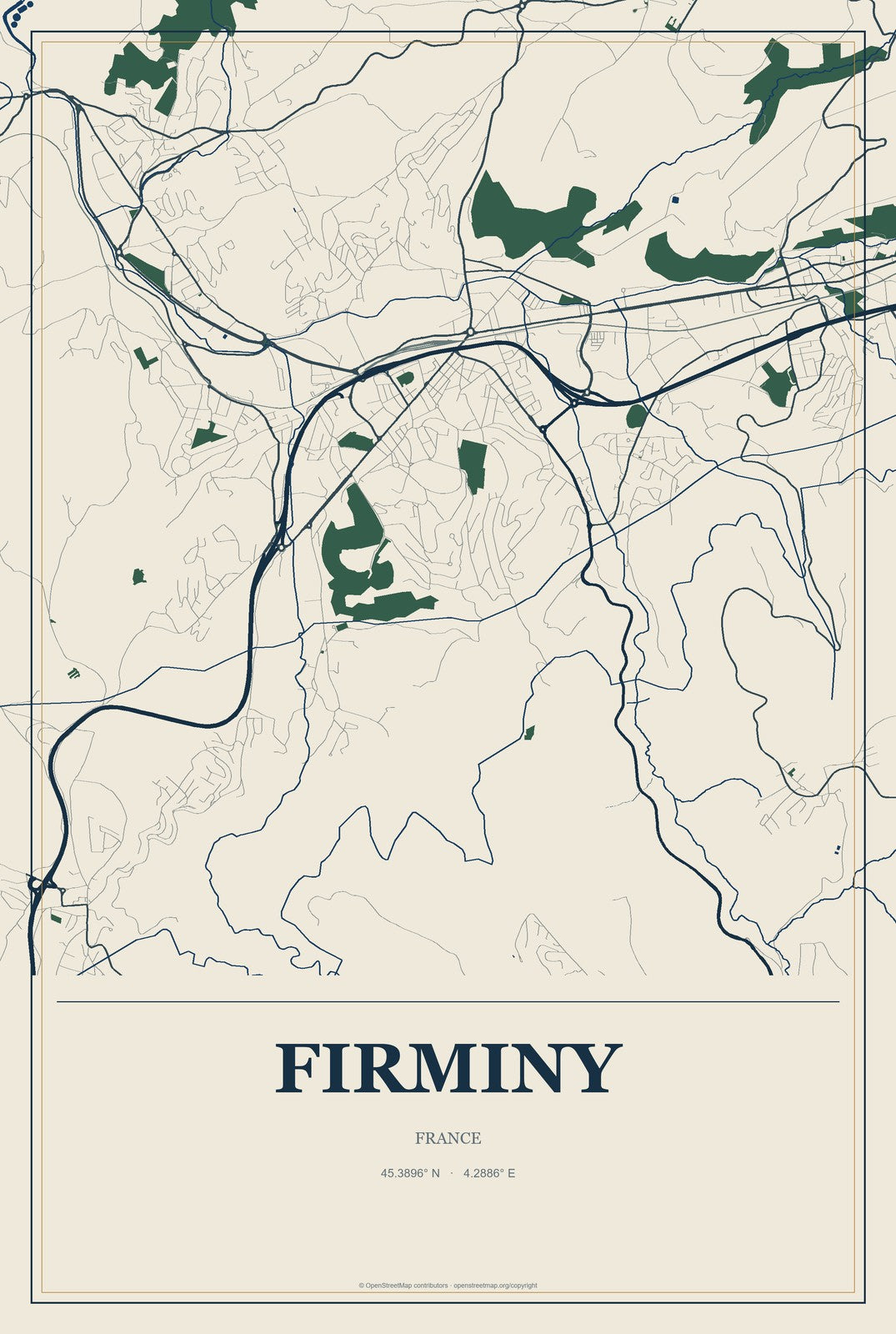 Firminy, France City Map Aluminum Sign in Coastal Cutout style