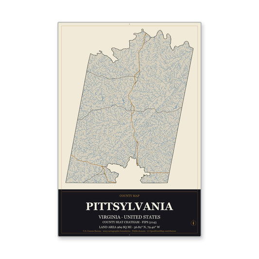 Pittsylvania County, Virginia Map Aluminum Sign in Museum Plaque style