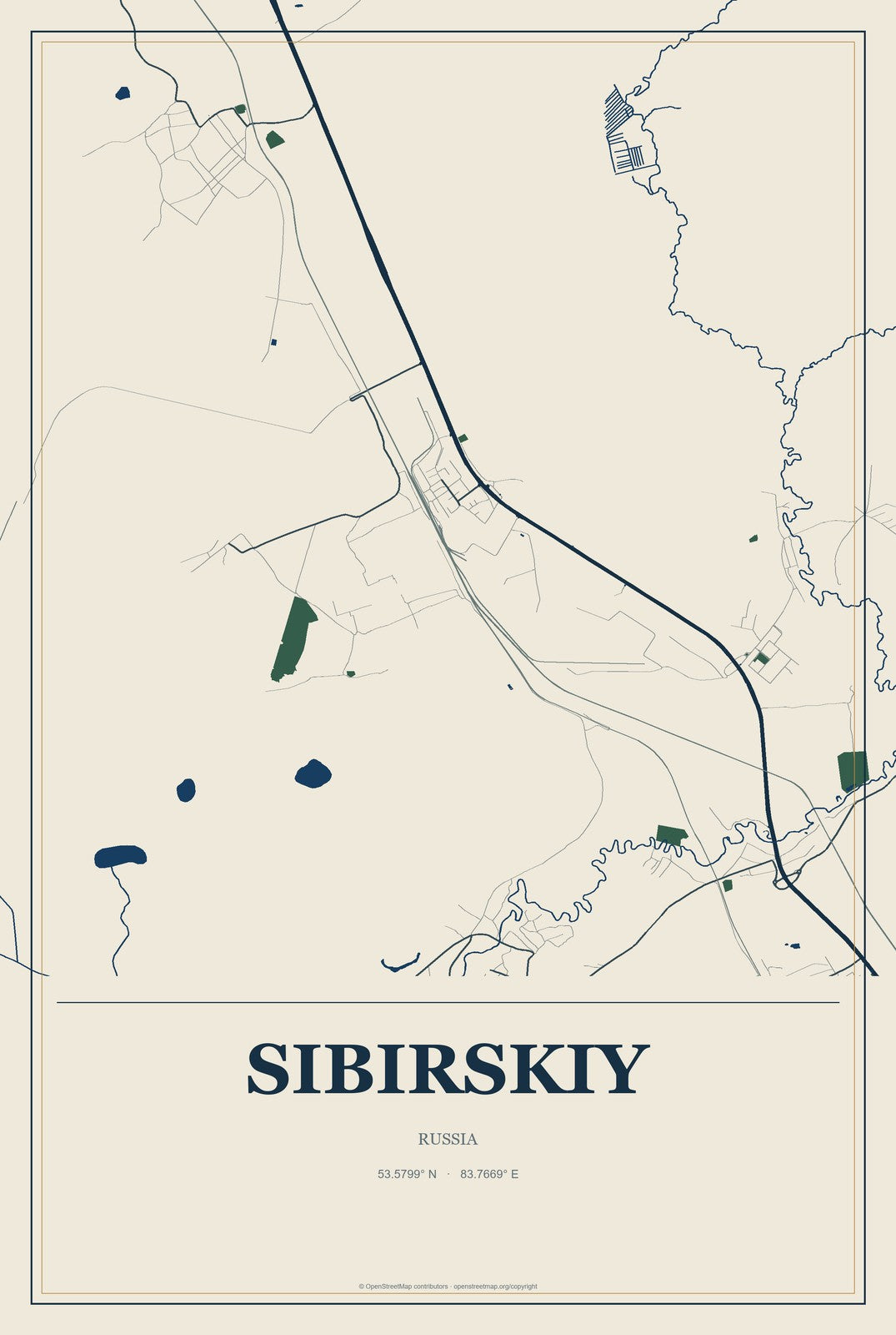 Sibirskiy, Russia City Map Aluminum Sign in Coastal Cutout style