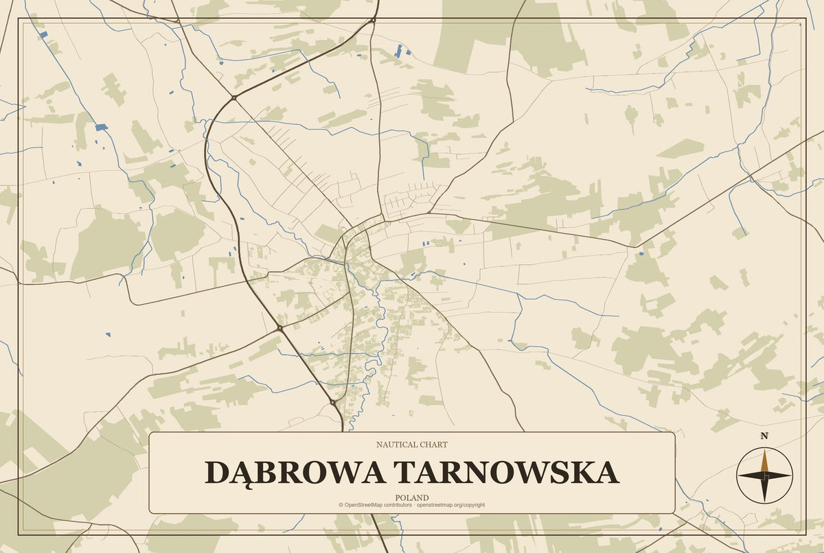 Dąbrowa Tarnowska, Poland City Map Aluminum Sign in Heritage Nautical style