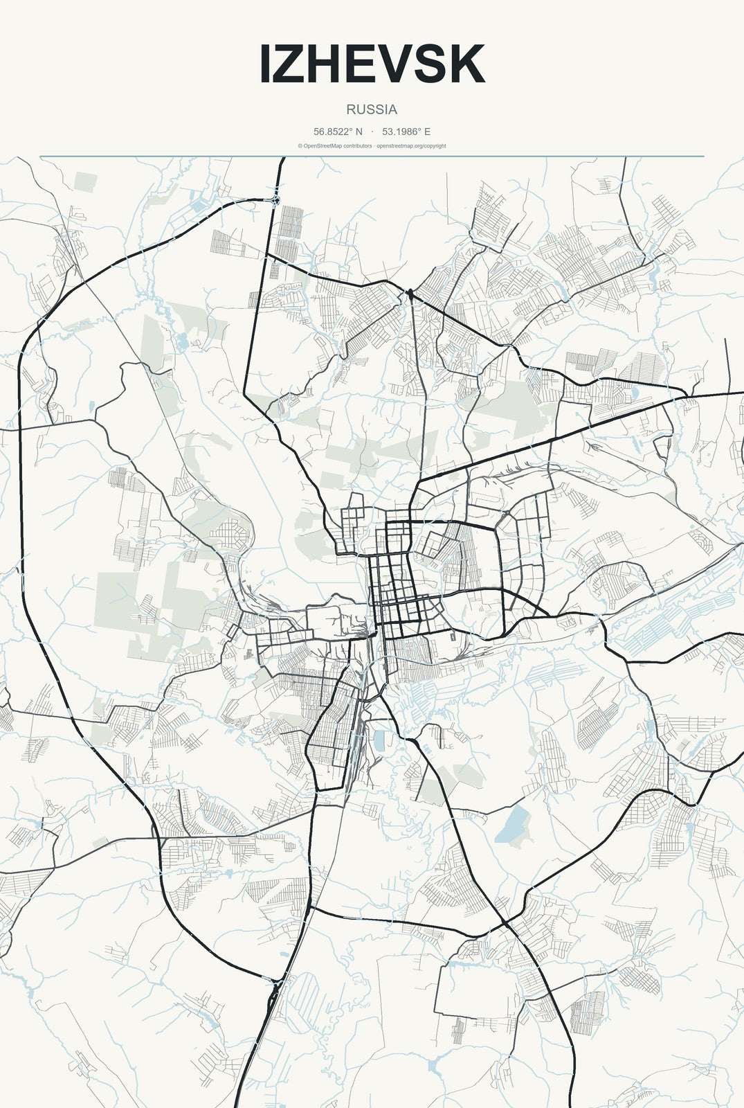 Izhevsk, Russia City Map Aluminum Sign in Headline Atlas style