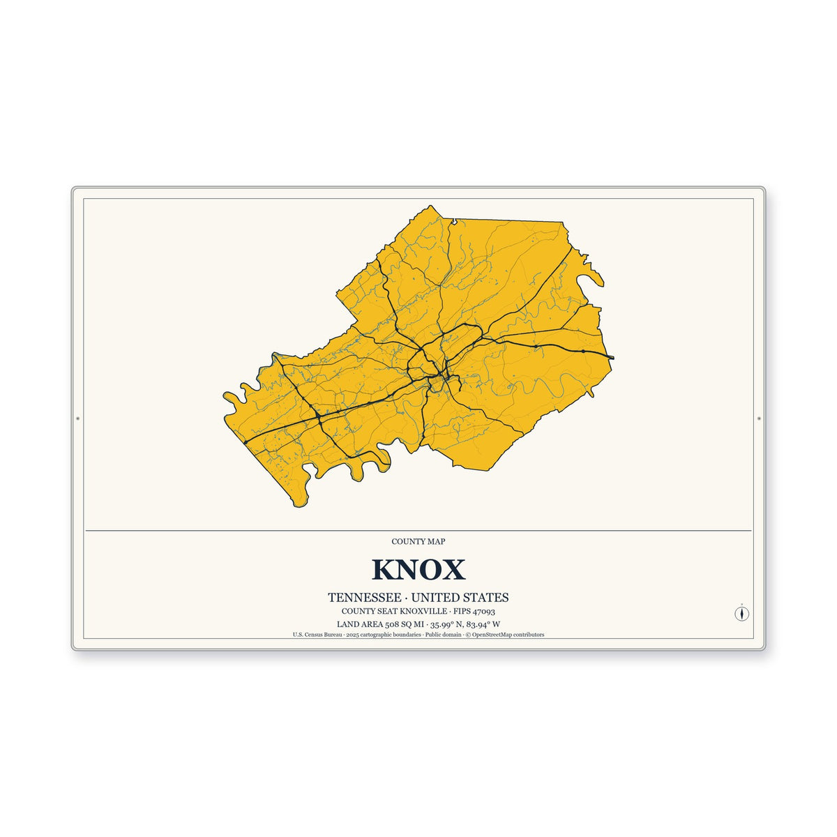 Knox County, Tennessee Map Aluminum Sign in Citrine Modern style