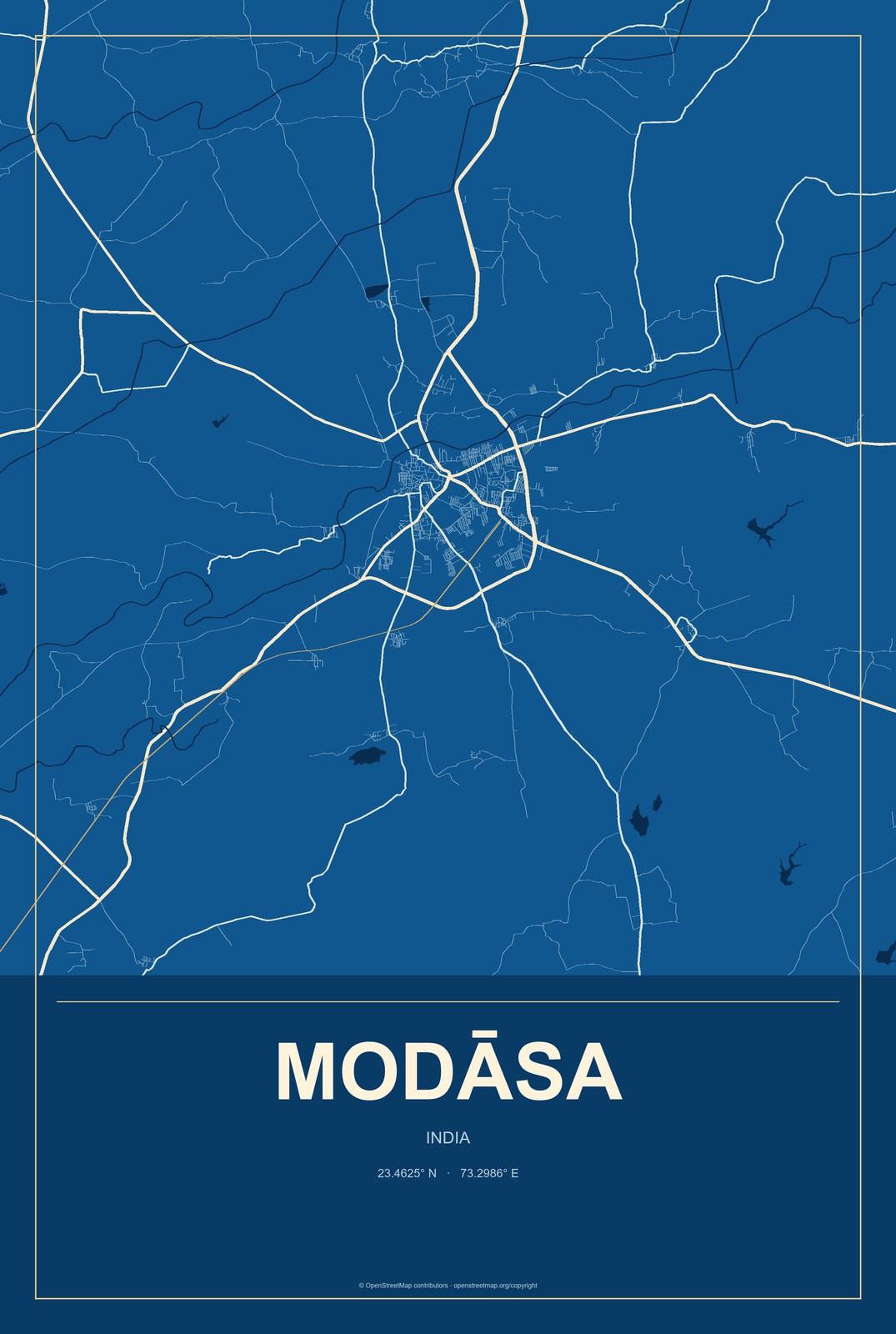 Modāsa, India City Map Aluminum Sign in Harbor Cobalt style