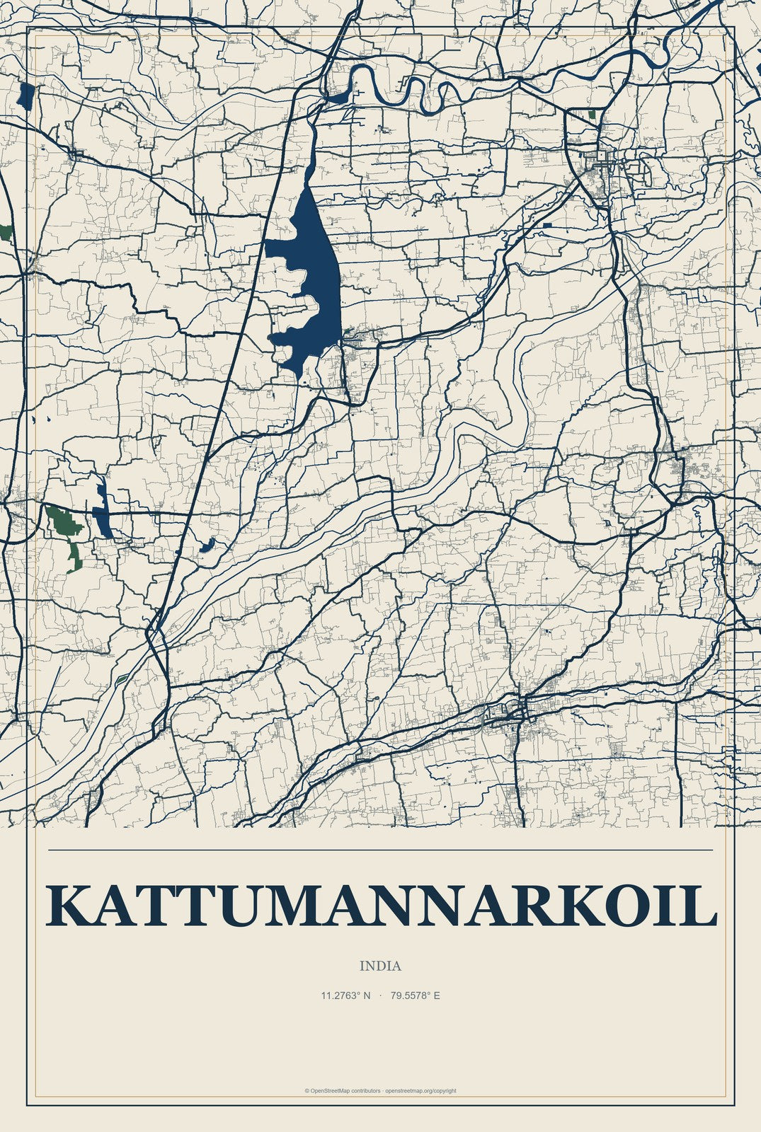 Kattumannarkoil, India City Map Aluminum Sign in Coastal Cutout style