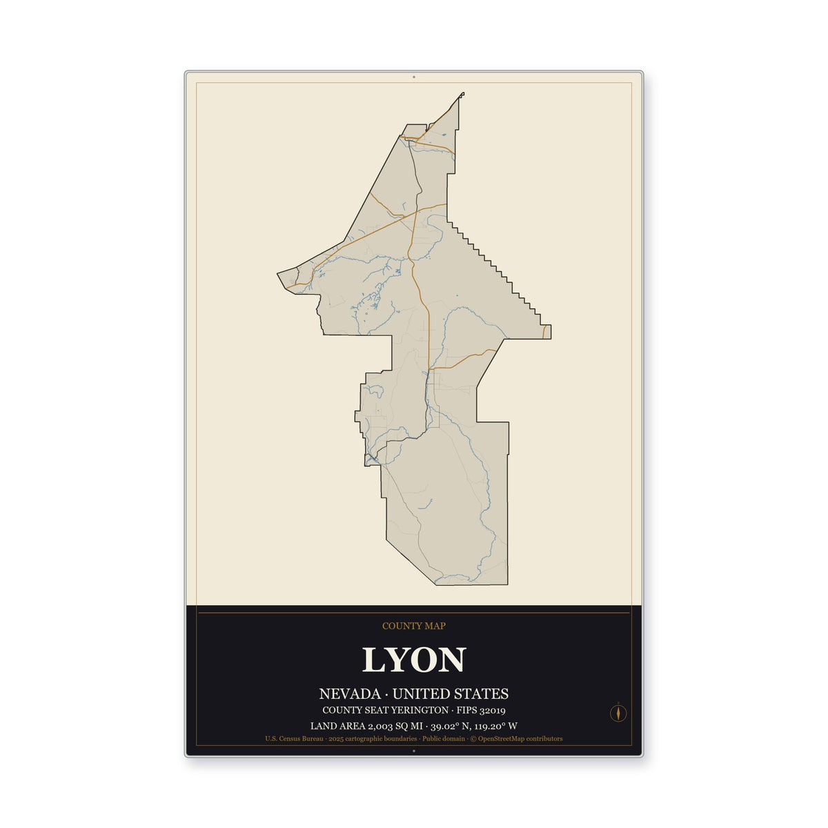 Lyon County, Nevada Map Aluminum Sign in Museum Plaque style