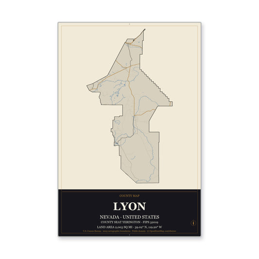 Lyon County, Nevada Map Aluminum Sign in Museum Plaque style