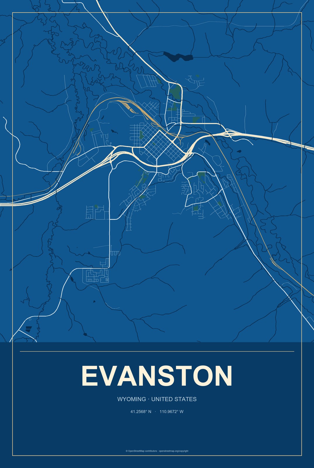 Evanston, Wyoming City Map Aluminum Sign in Harbor Cobalt style