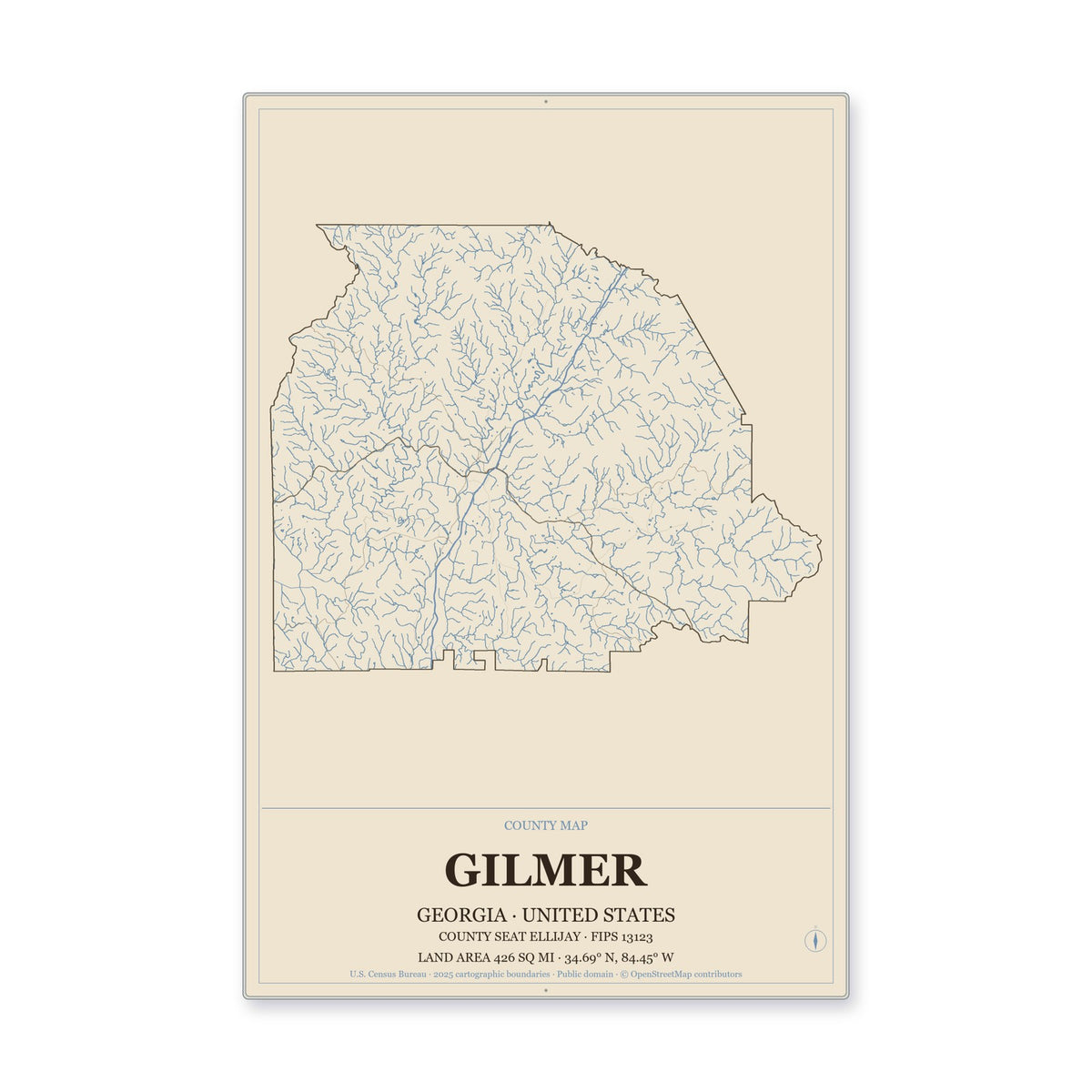 Gilmer County, Georgia Map Aluminum Sign in Heritage Nautical style