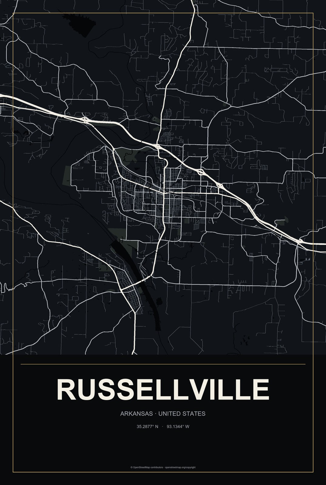 Russellville, Arkansas City Map Aluminum Sign in Metropolitan Noir style