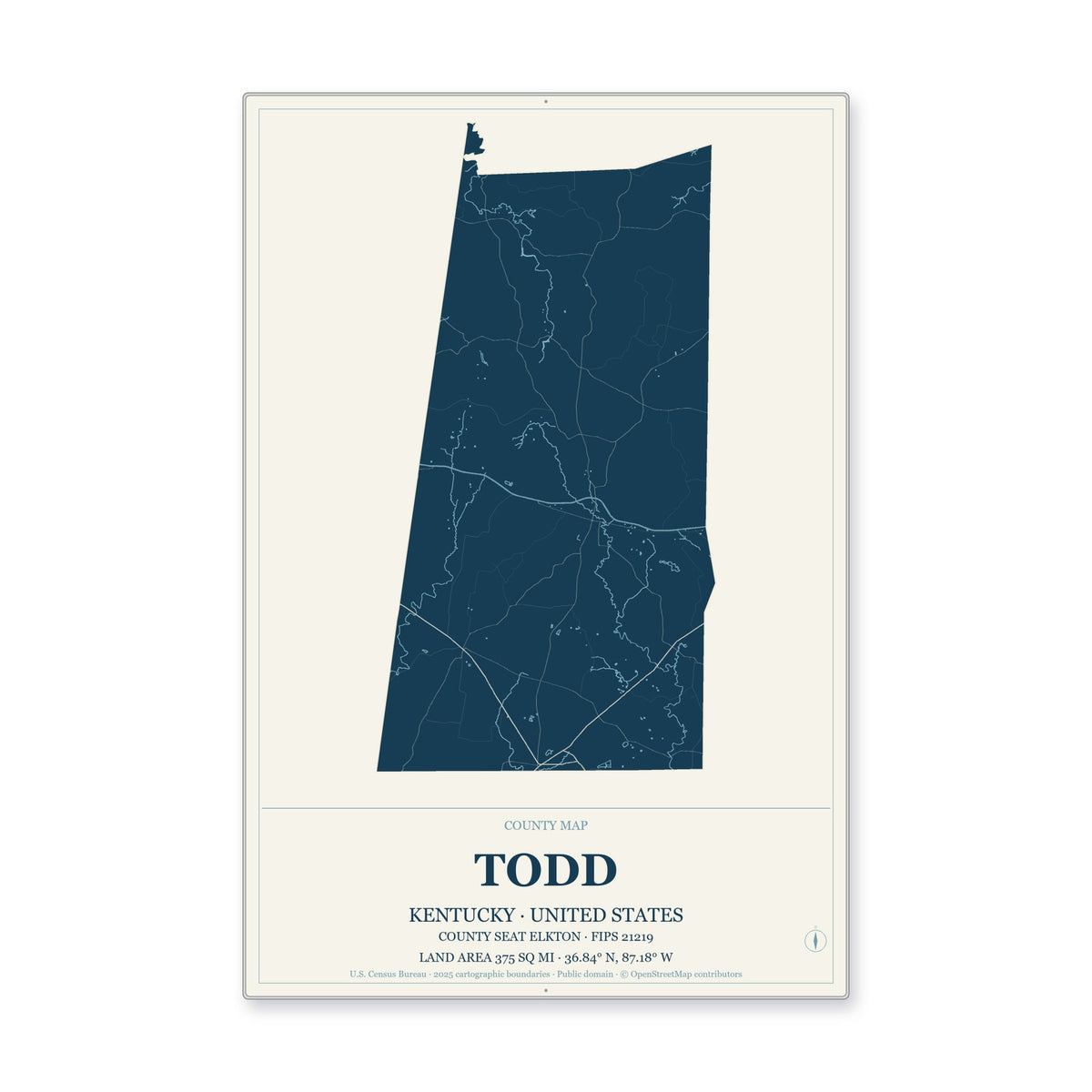 Todd County, Kentucky Map Aluminum Sign in Coastal Cutout style