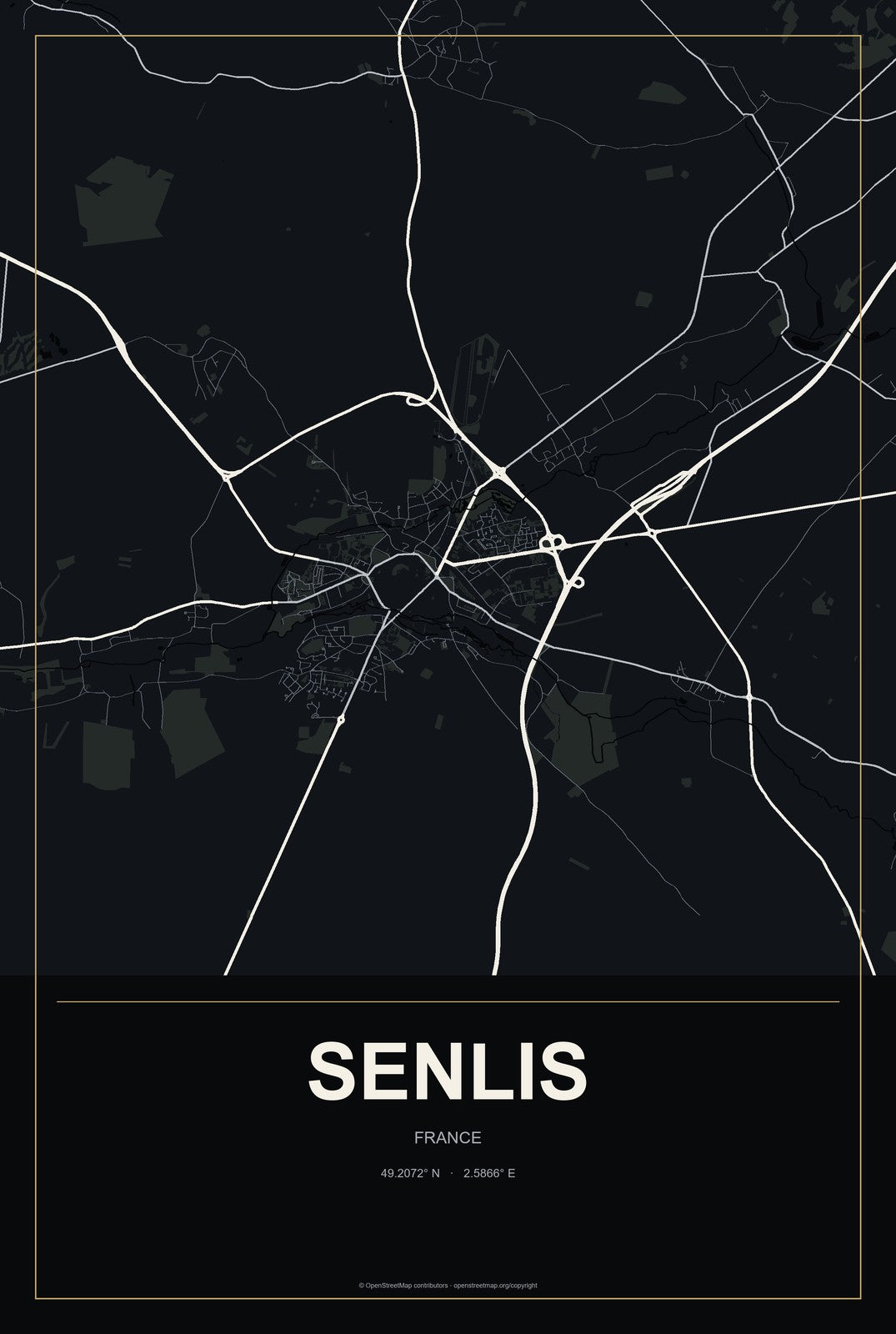 Senlis, France City Map Aluminum Sign in Metropolitan Noir style