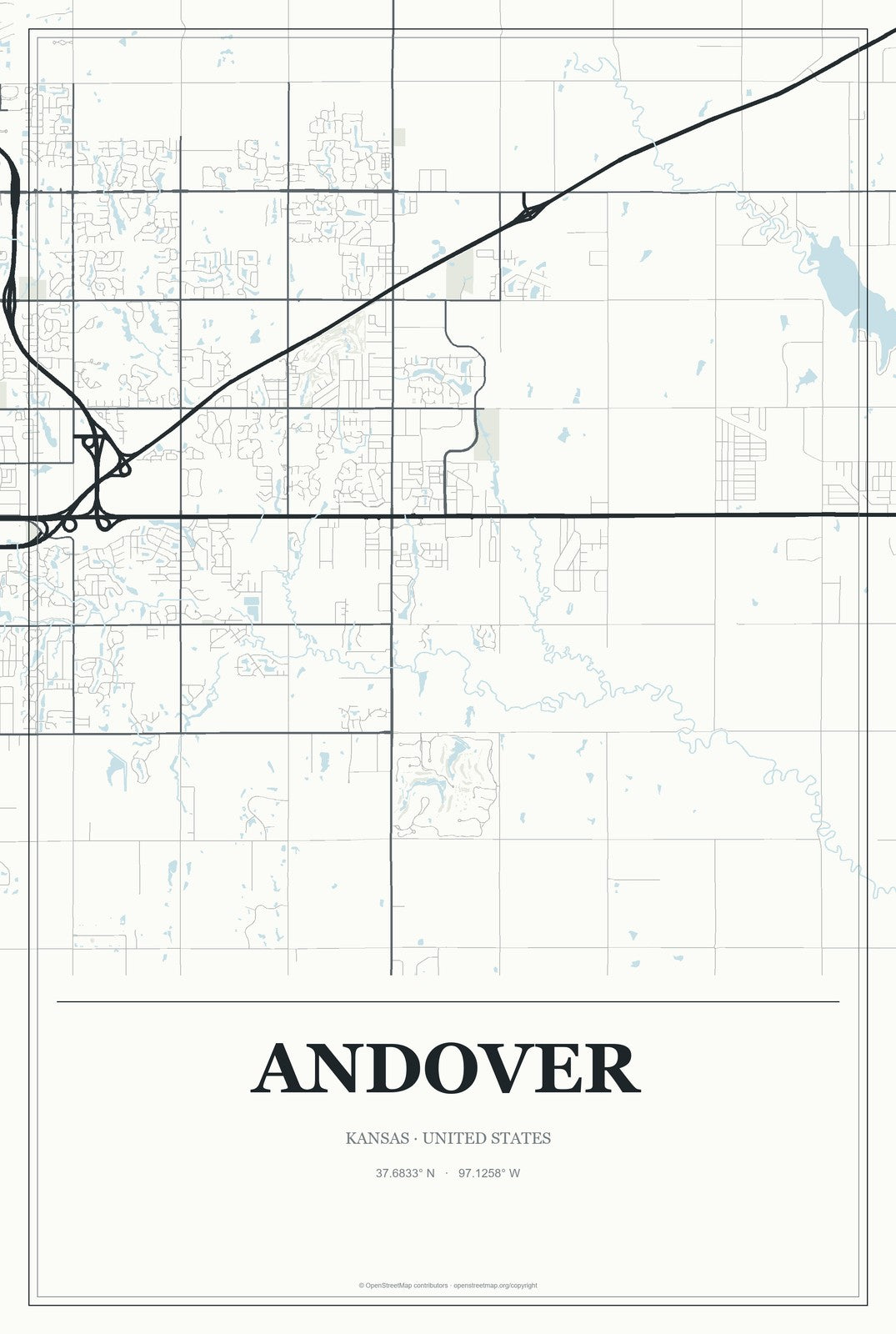 Andover, Kansas City Map Aluminum Sign in Gallery Air style