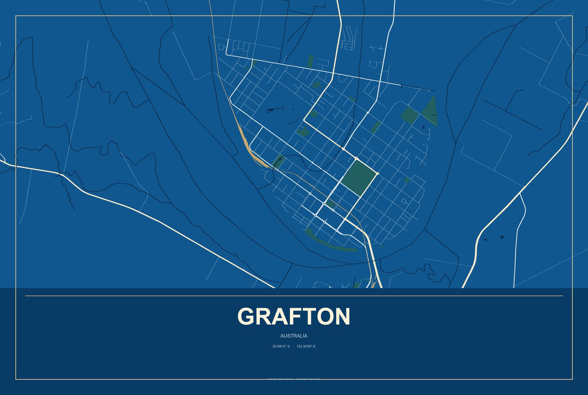 Grafton, Australia City Map Aluminum Sign in Harbor Cobalt style