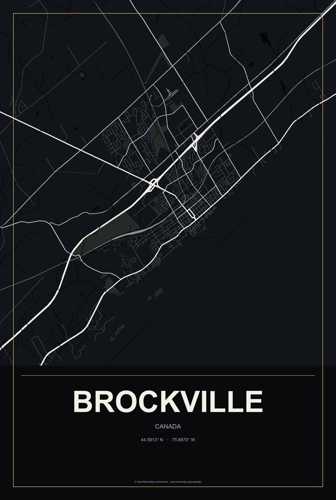 Brockville, Canada City Map Aluminum Sign in Metropolitan Noir style