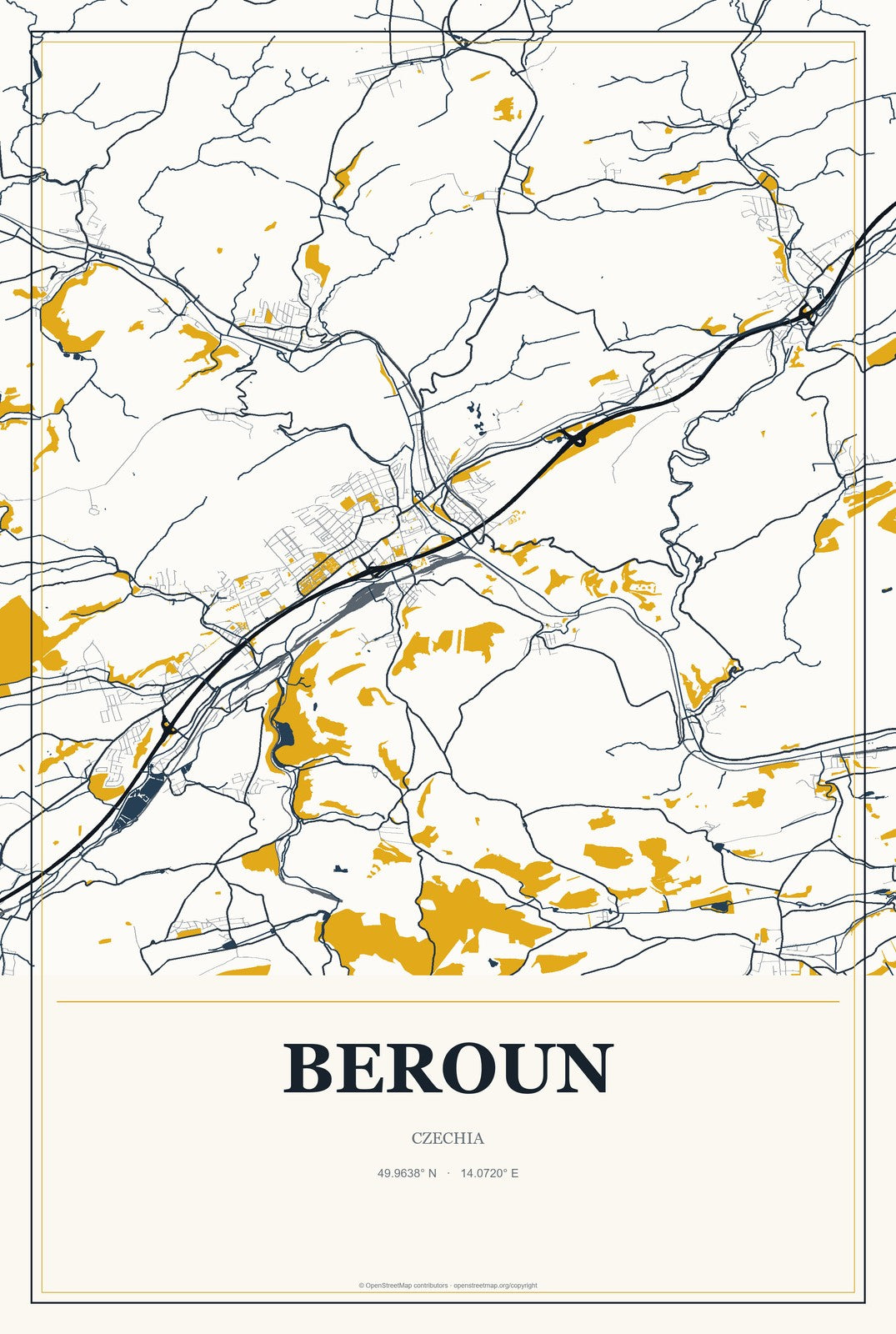 Beroun, Czechia City Map Aluminum Sign in Citrine Modern style