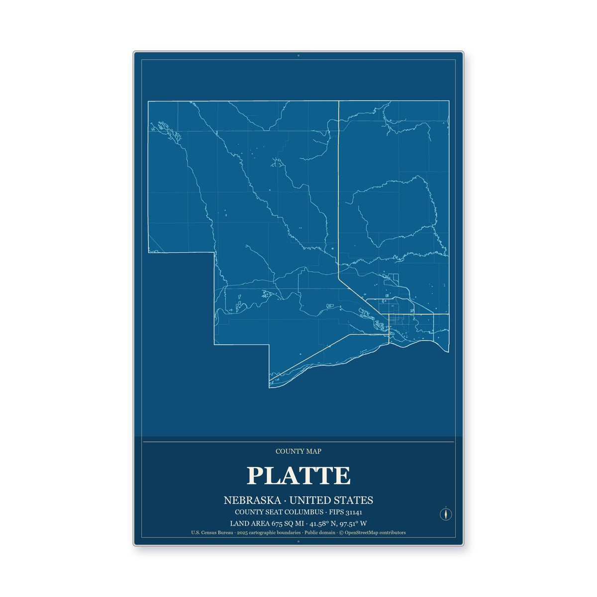 Platte County, Nebraska Map Aluminum Sign in Harbor Cobalt style