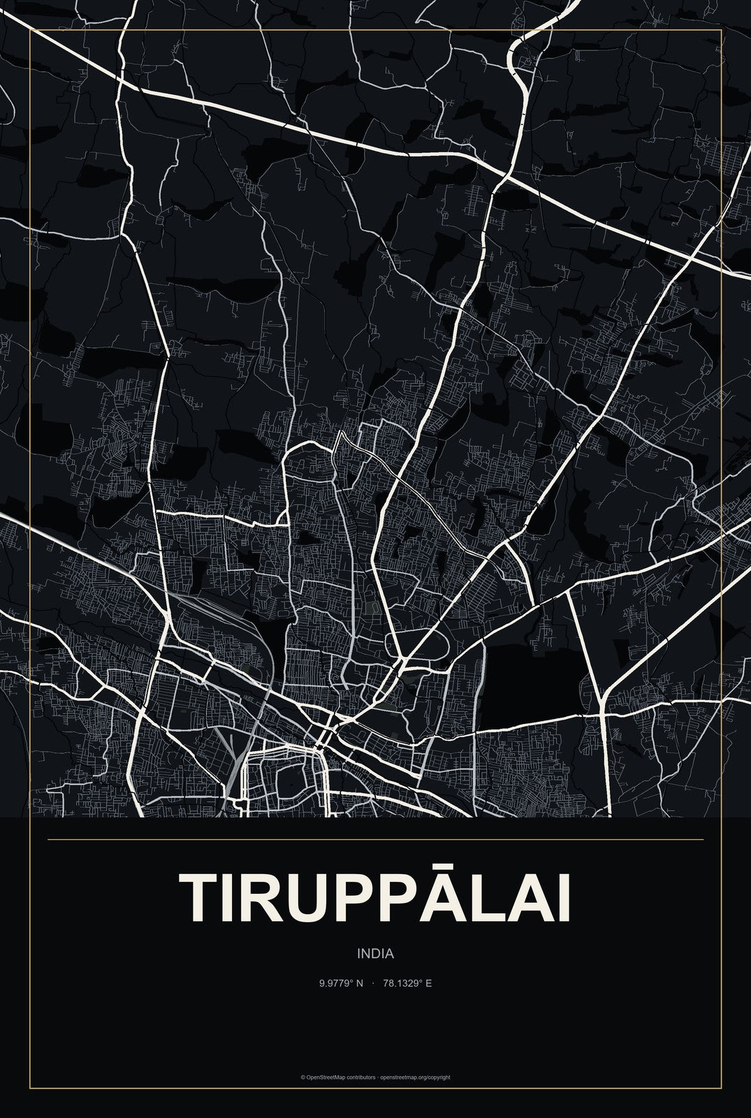 Tiruppālai, India City Map Aluminum Sign in Metropolitan Noir style