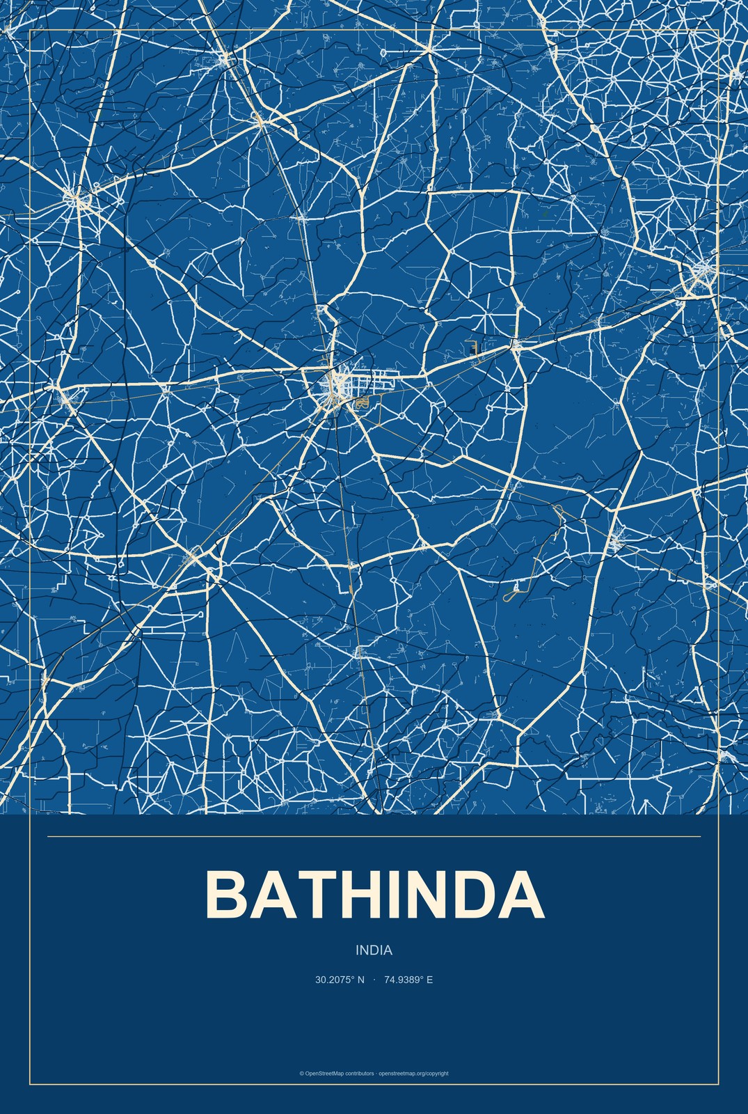 Bathinda, India City Map Aluminum Sign in Harbor Cobalt style