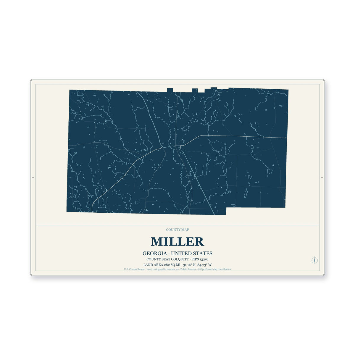 Miller County, Georgia Map Aluminum Sign in Coastal Cutout style