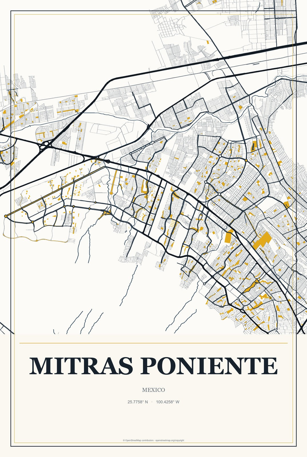 Mitras Poniente, Mexico City Map Aluminum Sign in Citrine Modern style