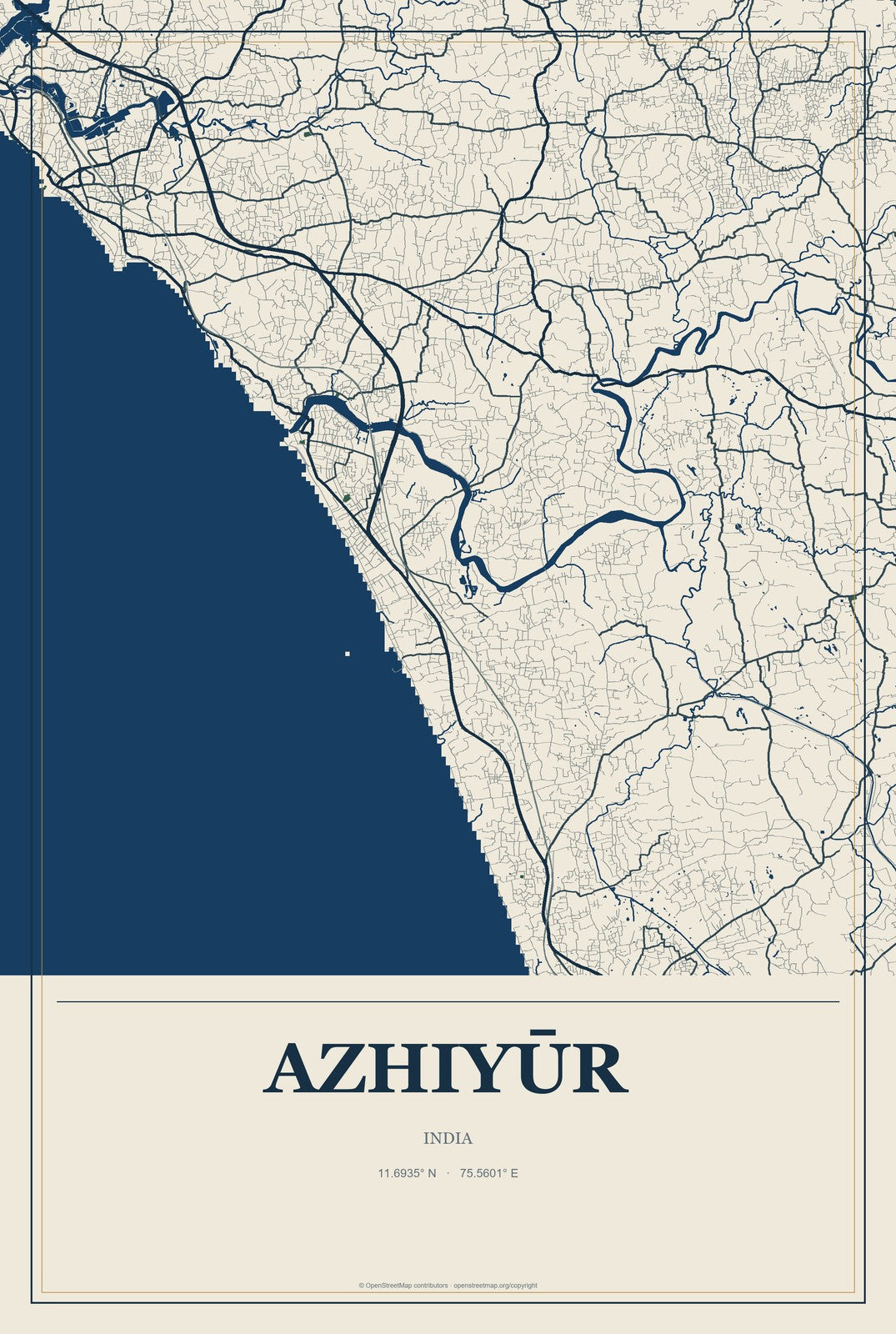Azhiyūr, India City Map Aluminum Sign in Coastal Cutout style